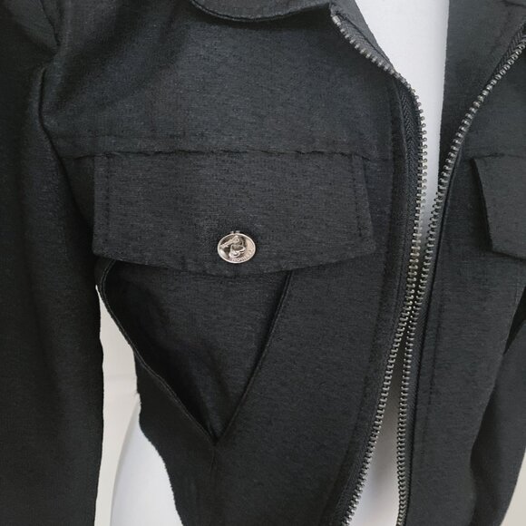 NWT Women's Black Puff Long Sleeve Pocket Front Zip Lapel Collar Jacket Top - Picture 2 of 6